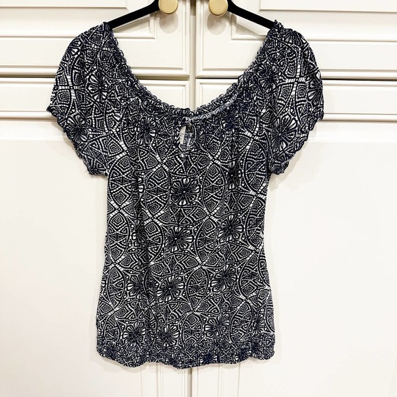 Lucky Brand Women’s Navy Cotton Patterned Bohemian Style Peasant Blouse Top - Picture 1 of 7